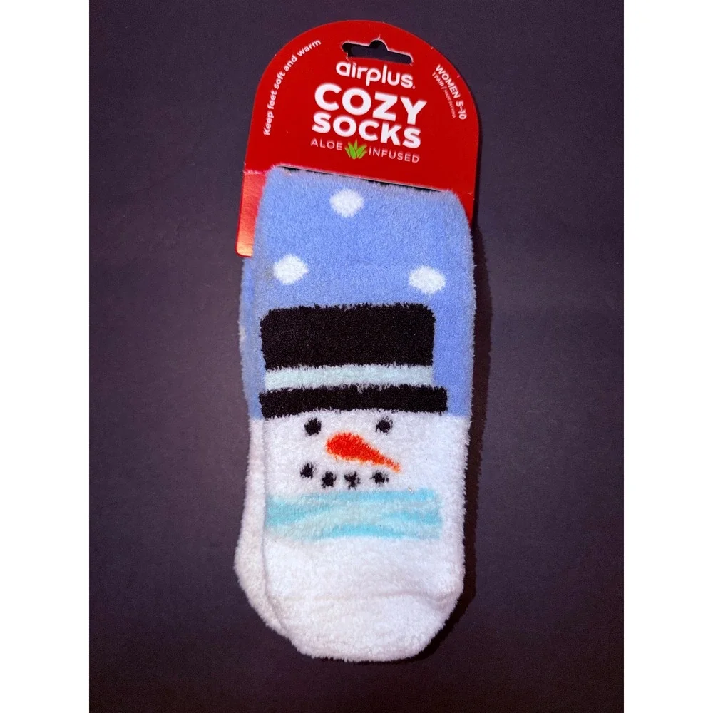 Airplus Women Cozy Socks Aloe Infused Snowman Blue White Winter Size 5-10 17254
